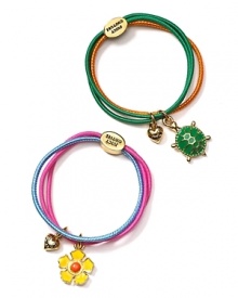 From Juicy Couture, darling hair elastics, bundled in groups of three and adorned with a heart and flower or turtle charms.