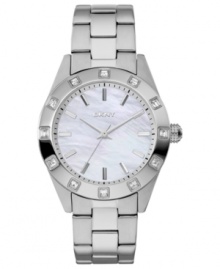 A classic, structured watch design from DKNY with a soothing mother-of-pearl dial.