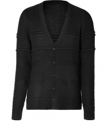 Stylish cardigan in a fine black wool blend - Fashionably patterned knit - Slim fitted silhouette, with a V-neck, button placket and long sleeves - Ribbed knit cuffs - A dream basic, classy AND casual - A hit combination with jeans, business trousers, khakis