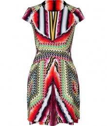 With its vivid contrast patterning and myriad of rainbow colors, Peter Pilottos silk dress is a radiant choice for fashion-forward looks - Round neckline, cap sleeves, layered front panels, hidden back zip - Tailored fit - Wear heels and just as bright accessories