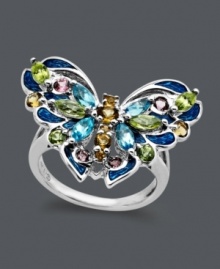 A ring that will flit its way into your heart and your every day wardrobe. Town & Country's intricate butterfly features a sterling silver setting decorated by citrine (1/3 ct. t.w.), pink tourmaline (1/5 ct. t.w.), blue topaz (1/3 ct. t.w.) and peridot (1 ct. t.w.). Size 7.