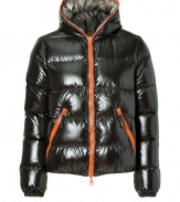 Maximize your cold weather style in this ultra-luxe two-in-one reversible down jacket from Duvetica - Hood with orange zipper trim, dual-zip front closure, long sleeves, contrasting zipper detailed pockets, reversible with inside camouflage lining, quilted - Classic straight cut - Pair with a cashmere pullover or long sleeve henley, straight leg jeans, and boots