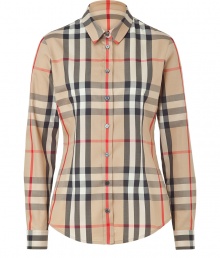 Show off your love of the classic Burberry check print in this flattering tailored button down - Spread collar, long sleeves, front button placket, curved hem, fitted - Wear with slim trousers, a pencil skirt, or jeans