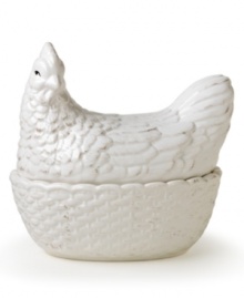 A feathered friend from the Pfaltzgraff Country Cupboard collection, this rooster-shaped canister wakes up the nest with old-fashioned charm. Featuring a rustic whitewash finish and embossed stoneware basket for storing biscuits, cookies and more.