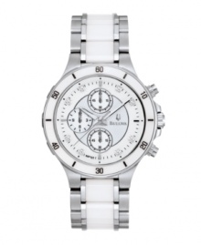 Diamond accents and white ceramic add icy touches to this ultra-contemporary Bulova watch. Stainless steel bracelet with center links of white ceramic and round stainless steel case. White ceramic bezel etched with black numerals holds slightly-domed mineral crystal. White chronograph dial with textured inner dial features eight diamond accents at markers, three subdials, luminous hands and logo at three o'clock. Quartz movement. Water resistant to 30 meters. Three-year limited warranty.