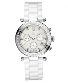 Indulge in the luxury of high-fashion timekeeping with this exquisitely crisp watch by Gc Swiss Made Timepieces. White ceramic bracelet and round stainless steel case. Bezel embellished with 36 genuine pave diamonds (1/2 ct. t.w.). Mother-of-pearl chronograph dial features Roman numeral at twelve o'clock, six diamond accents at markers, silver tone stick indices, date window at four o'clock, three subdials, luminous silver tone hands, and logo. Swiss quartz movement. Water resistant to 100 meters. Ten-year limited warranty. Luxury Gc gift box packaging included.