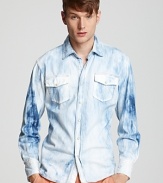 Bold bleach marks single out this cool denim sport shirt for excellence.