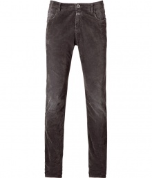 Stylish pants in fine grey cotton stretch blend - Ultra-fine wale corduroy - Slim, straight cut tapers at ankles - Lighter color through knees - Classic five-pocket styling with belt loops and button closure - A cool, comfortable basic that is truly versatile - Pair with pullovers, button downs and blazers and style with lace-up boots or oxfords