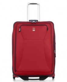 The lighter side of luggage. Even when fully packed, this lightweight suitcase from Travelpro gives you a serious edge with durable, tear-resistant nylon construction and a spacious, beautifully organized interior that expands over two inches to help you bring everything you need... and more. Limited lifetime warranty.