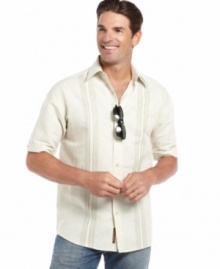 Take casual style with you into the fall with this short-sleeved button-front shirt from Cubavera.