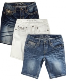 Basic doesn't have to be blah. These jean shorts from Request step style up a notch with whisker detailing as well as embroidery and rhinestones for fabulous flair.