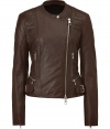 Supple leather and a flattering feminine cut adds stylish depth to this chic motorcycle-inspired leather jacket from Closed - Stand collar, asymmetrical side zip closure, multiple zip pockets, buckle detailing at waist - Quilted details at shoulder, arms, and back peplum, zipper cuffs, slim fit - Style with high-waisted skinny jeans, a high-low hem tee, and peep-toe booties