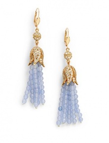 THE LOOKFeminine Metals collectionRhinestone ball and flower detailAquamarine-colored tassel accent14k goldplated settingLatch back closureTHE MEASUREMENTLength, about 3ORIGINImported