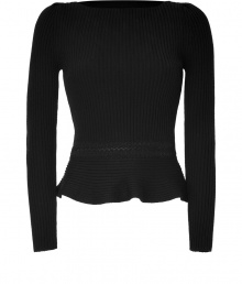 Better than your basic knit, this ultra-feminine sweater from Valentino features a peplum waist and a figure-enhancing fit - Bateau neck, long sleeves, embellished waistband, ruffled peplum - Wear with slim trousers, a pencil skirt, or skinny jeans