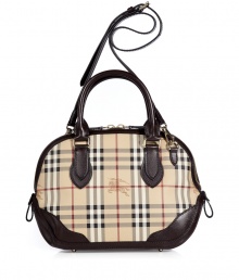 Detailed in a logo check with sleek chocolate leather trim, Burberry Londons small bowling bag is an iconic multi-season must-have - Double top handles, removable buckled shoulder strap, two-way top zip, gold-toned logo hardware, inside back wall zippered pocket, two front wall slot pockets, protective feet - Carry as a sophisticated compliment to polished daytime looks