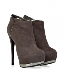 Ultra-sultry, these suede and metallic leather booties will add trend-right appeal to any look - Front platform with silver detail, rounded toe, side zip closure, slate leather trim, high stiletto heel - Pair with a figure-hugging cocktail frock, cropped trousers, or a pencil skirt