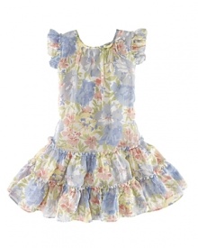 A flurry of ruffles on floral-print chiffon defines an adorable season-spanning dress.