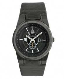 Cool and contemporary, gray makes a modern mark on this watch by Unlisted. Gray leather strap and round gunmetal ion-plated mixed metal case. Black dial features applied silver tone numerals and stick indices, minute track, subdial at six o'clock, three hands and logo. Quartz movement. Splash resistant. Two-year limited warranty.