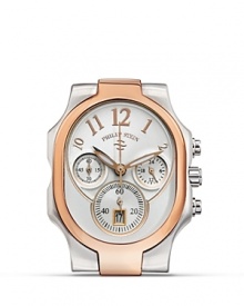 Philip Stein® modern oblong chronograph watch head in stainless steel and rose goldplate features Arabic numbers and 3-eye design.