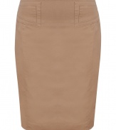 Stylish skirt in fine, pure creamy brown washed cotton - Elegant, slim pencil cut hits above the knee - Decorative seams at waist accentuate curves - Adjustable skinny belt and vent at rear - Zips at side - Streamlined and sophisticated, great for work or play - Pair with a silk blouse, button down or light cardigan and peep toe or platform pumps