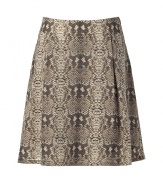 Stylish skirt in fine grey silk - Elegant, on-trend reptile print - Soft drape, side zip and ruching detail at waist - Classic A-line silhouette, hits above the knee - A versatile and sophisticated must that works for both day and evening - Pair with blazers, cardigans and cropped leather jackets - Style with opaque or textured tights and ballerina flats or ankle booties