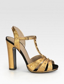 Metallic leather sandal with a hidden platform and goldtone metal studs. Self-covered heel, 4¾ (120mm)Hidden platform, ¾ (20mm)Compares to a 4 heel (100mm)Metallic leather upper with metal studsLeather lining and solePadded insoleMade in Italy