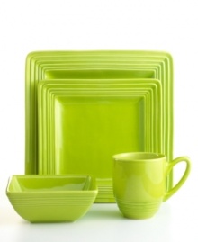 Brighten up. Lime-green Dekko place settings snap everyone around your table to attention. From Laurie Gates' collection of dinnerware, these dishes have modern shapes that look extra sharp with defined edges and a glossy finish.