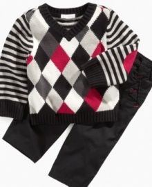 Prep him up for smart classic wear. This 2 piece argyle sweater and pant set is by First Impressions.