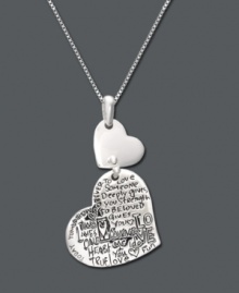 Life is learning to love freely. This inspirational double heart necklace will remind you of that every day. Bottom heart features To Love Someone quote. Necklace crafted in sterling silver. Approximate length: 18 inches. Approximate drop: 1-3/8 inches.