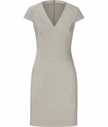 Elegant dress in fine, pale beige cotton blend - Especially comfortable and flattering, thanks to a touch of stretch - Slim-fitting sheath style, with darts at bust, deep v-neck and cap sleeves - Decorative pleat detail defines a trim waist - Pencil skirt hits above the knee - Zips at back - Sleek and streamlined, in a sophisticated summer hue - Pair with peep toe pumps, leather sandals or wedges