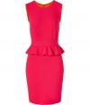 A head-turning hue and ruffle embellishment make this bright pink Emilio Pucci wool stretch dress a stylish standout - Slim cut, sleeveless sheath style with a round neck - Pencil skirt hits above the knee - On trend, peplum embellishment at banded waist - Full zip at back - Polished and sexy, seamlessly transitions from work to  cocktails, parties and dinner - Pair with a cropped leather jacket or blazer and style with platform pumps and a clutch