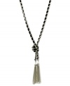 A double tassel stands out on this chic Y-necklace from GUESS. Featuring knot detail and a delicate jet black ribbon intertwined with the long chain. Crafted in silver tone imitation rhodium mixed metal. Approximate length: 30 inches + 2-inch extender. Approximate drop: 5 inches.