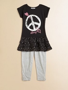 She'll fall in love with this alluring set featuring an ultra-soft tunic with peace sign, crinkle chiffon tiered hem and matching leggings. Tunic CrewneckShort cuffed sleevesPullover styleDrop waistRuffled hem Leggings Elastic waistbandAnkle snapsTunic: 95% polyester/5% spandexLeggings: 95% cotton/5% spandexMachine washImported Please note: Number of buttons may vary depending on size ordered. 