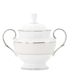 Modern yet timeless, this fine china sugar bowl is sure to satisfy the style-hungry host. From Lenox dinnerware, the dishes from the Opal Innocence Stripe collection are simply dressed in cream and white stripes and finished with a polished platinum trim, creating an ultra-chic setting to enjoy celebratory meals. Qualifies for Rebate