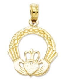 A symbol of love, this stunning cut-out Claddagh charm makes the perfect gift for a special someone. Crafted in 14k gold. Chain not included. Approximate length: 4/5 inch. Approximate width: 3/5 inch.