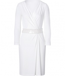 Elegant wrap dress made of synthetic fiber - Stunning summer white - Figure-hugging cut, v-neck and long sleeves - Decorative draping - Interest added with sequin belt - Knee length creates refined look - Perfect for an elegant summer party when paired with slingback stilettos