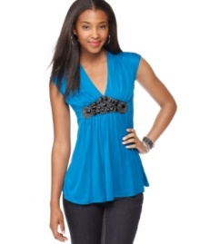 Rhinestones and beads add glam to this Tempted top -- perfect for dressing up denim!