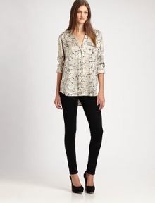 Satiny silk shirt in a trendy sleepwear-inspired silhouette, finished with an exotic snake print and shirttail hem. Notched collarButton frontSingle front patch pocketLong sleeves with buttoned cuffsShirttail hem hits below the hipsSilkDry cleanImportedModel shown is 5'9½ (176cm) wearing US size Small.