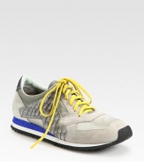 Sporty suede and leather silhouette with textured cotton-blend trim and vibrant laces. Suede and leather upperCotton-blend trimLeather liningRubber solePadded insoleImported