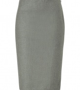 Luxe basics anchor any modern wardrobe, and Ralph Laurens anthracite wool stretch skirt proves an elegant indispensable - Medium rise, curve-contouring pencil cut hits at knee - Decorative seams and two kick pleats at rear - Zips at side - Polished and classically chic, seamlessly transitions from the office to evenings out - Pair with a silk blouse, blazer and pumps, or with a cashmere pullover, leather jacket and ankle booties