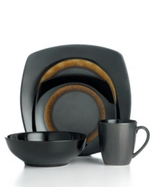 Make casual meals stand out with the distinct modern styling of this Dazzle set of dinnerware. The dishes are a dark, handsome palette of amber and black that pop with reactive glaze, resulting in pieces that are tastefully bold. Sango mixes round and square stoneware for added flair.