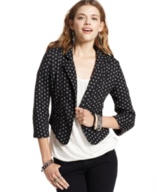 American Rag delivers a bold take on the blazer with this three-quarter sleeve, polka dot print style! Rock the layer for an easy way to add personality to your every day look.