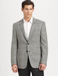 A smartly checked houndstooth pattern dresses up this impeccably tailored piece.Notched lapelButton frontFlap pocketsButton cuffsFully linedAbout 31 from shoulder to hem98% wool/2% lycraDry cleanImported