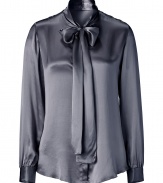 Super romantic steel tie-neck blouse - This feminine silk blouse will add chic appeal to any wardrobe - Beautiful, billowy silhouette and high tie-neck detail - Wear with a pencil skirt and sky-high heels for a sexy day look - Style with flared trousers and platforms