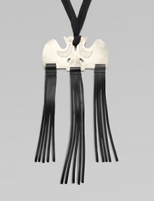 A statement piece if ever there was one, a rustic, etched metal plate on a sateen twill cord dangles three clusters of fringed buffalo leather in this head-turning design.Metal Leather Cotton sateen Length, about 28 Drop, about 6 Adjustable ties Imported