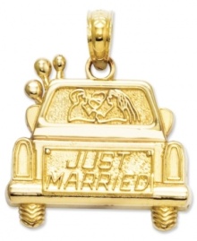 The perfect wedding gift. This sweet charm features newlyweds in the back of a car with the words, Just Married, inscribed across the front. Crafted in 14k gold. Chain not included. Approximate length: 3/4 inch. Approximate width: 7/10 inch.