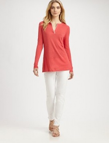 A soft jersey top with a touch of colorblocking for a perfectly stylish, everyday look.Split neckLong sleevesPull-on styleAbout 28 from shoulder to hem55% linen/45% rayonHand washImported Model shown is 5'10½ (179cm) wearing US size Small. 