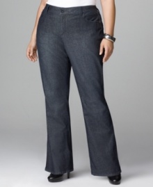 Glam up your denim with DKNY Jeans' plus size boot cut jeans, featuring a metallic finish. (Clearance)