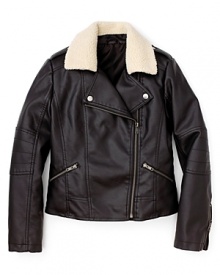 Little girls will love the grown-up look of this faux leather bomber jacket from Aqua, featuring a soft sherpa collar and edgy zip trim.