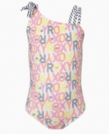 Funky modern style makes this Roxy print one-piece bathing suit a fun fit for poolside days.